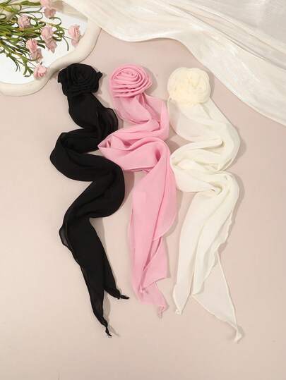 1件波西米亚风3D玫瑰雪纺发带，女士轻盈透气丝带发圈装饰，大朵布艺玫瑰点缀，长丝带可用于扎发和编发，适合搭配各种服饰、音乐节、海滩、摄影和波西米亚夏季造型。