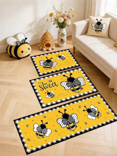 1 件蜜蜂防滑垫，尺寸 40*60/50*80/40*120 厘米，柔软绒面，黄色蜜蜂图案，室内外均可使用，适用于客厅、卧室、厨房、浴室、阳台和硬木地板，可用作客厅装饰地毯、浴室配件、返校季装饰、生日派对装饰、玄关装饰。