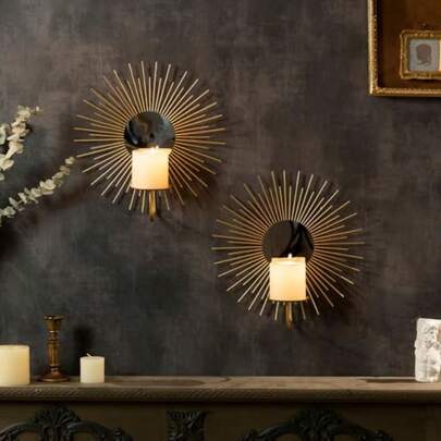 Juego de 2 soportes de pared para velas con espejo, montados en la pared, de metal, para decoración del hogar, sala de estar, comedor, estilo rústico, granja, bohemio