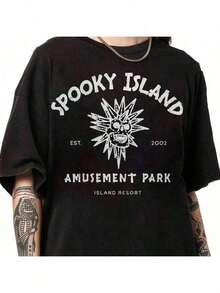 Spooky Island Amusement Park T-Shirt, Retro 2000s Halloween Movie Shirt, Disco Skull, Summer Spooky T-Shirt, 90s Nostalgia Halloween Tee For Halloween-Motion Tee - 黑色-2 - 查看 18