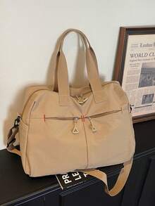 1 chiếc túi du lịch/đi làm cuối tuần bằng nylon màu kaki phối chỉ tương phản, dung tích lớn, khóa kéo. - Nhiều màu - Xem 9