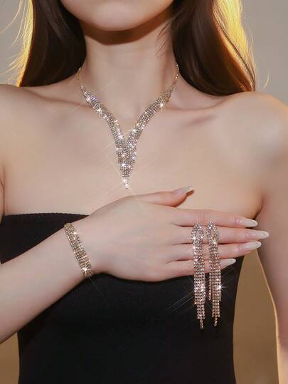 3pcs/Set Fashion Minimalist Jewelry Set, Tassel Necklace & Earrings, Bracelet, Suitable For Women's Evening Party And Wedding Wear