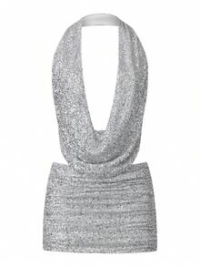 Women Sequin 2 Piece Outfit Sparkly Bodycon Sleeveless Halter Crop Top Split Mini Skirt Set Going Out Club Suit - Silver - View 3
