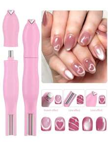 3-In-1 Heart-Shaped Snake Skin Pink Cat Eye Magnetic Nail Stickers, Detachable Multi-Function Strong Magnetic Nail Stickers, Nail Art Supplies, Nail Tools, Nail Art Tools, Back To School Season, Nail Art, Nail Tools, Suitable For Press-On Nail Stickers - Pink - View 3