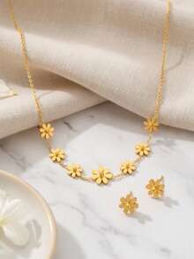 Bộ trang sức 3 món sang trọng mạ vàng hình hoa cúc, gồm dây chuyền, bông tai và mặt dây chuyền, thiết kế tối giản, đa năng bằng thép không gỉ mạ vàng 18K. - Vàng - Xem 2