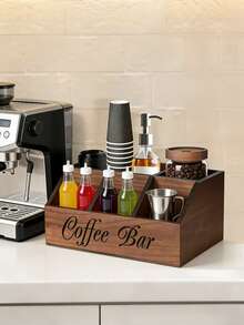 1PC Wooden Coffee Bar Organizer With 5 Compartments, Rustic Countertop Storage Box For Coffee Pods, Capsules, Cups, Spoons And Accessories, Farmhouse Kitchen Decor For Coffee Station - Multicolor - View 6