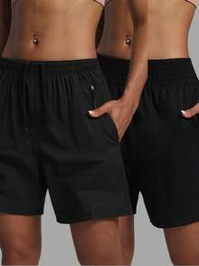 Women's 2-Pack Plus Size Casual Sports Shorts, Solid Color With Pocket, Comfortable Breathable Loose Shorts For Cycling, Running & Fitness - 彩色 - 查看 1