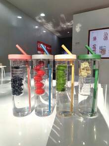 1 pieza Vaso con pajita para té de frutas, vaso portátil de plástico a prueba de golpes y minimalista para bebidas de té de frutas y leche - Multicolor - Ver 6