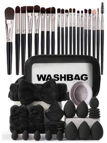 45件套化妆刷套装，混合化妆美容工具，包括：20支化妆刷、1个化妆包、5个美妆蛋、5个粉扑、5个迷你美妆蛋、5个迷你指套粉扑、1个发带、2个腕带、1个清洁工具。 - 多色 - 查看 1