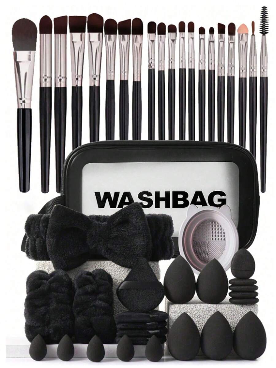 45件套化妆刷套装，混合化妆美容工具，包括：20支化妆刷、1个化妆包、5个美妆蛋、5个粉扑、5个迷你美妆蛋、5个迷你指套粉扑、1个发带、2个腕带、1个清洁工具。 - 多色 - 查看 1