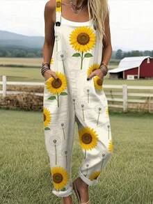 Sunflower Dandelion All-Over Print Women's Adjustable Strap Jumpsuit, Polyester Fiber Fabric, Lightweight And Breathable, Women's Clothing, Standard Size Jumpsuit, Plus Size Women's Clothing, Plus Size Jumpsuit And Romper, Plus Size Jumpsuit - Nhiều màu - Xem 1