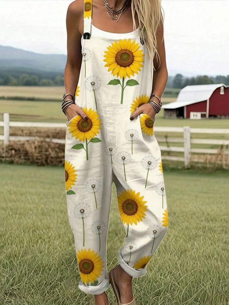 Sunflower Dandelion All-Over Print Women's Adjustable Strap Jumpsuit, Polyester Fiber Fabric, Lightweight And Breathable, Women's Clothing, Standard Size Jumpsuit, Plus Size Women's Clothing, Plus Size Jumpsuit And Romper, Plus Size Jumpsuit - Nhiều màu - Xem 1