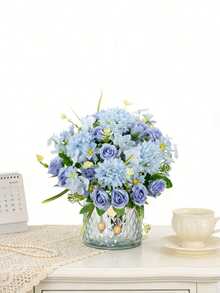 Buquê de hortênsias artificiais bordadas em seda, 1 peça, 29 cm (11,41 polegadas), rosas artificiais de chá para vaso de casamento na primavera, decoração de casa, sala de jantar, quarto, feriados, festa de aniversário, jardim externo, presente de Dia dos Namorados, decoração de baile de formatura. - Azul - Ver 7