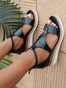 New Casual Hemp Rope Woven Wedge Platform Roman Sandals, Black Open Toe Hollow Out Holiday Sandals For Women - Black - View 4