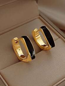 1 par de pendientes geométricos esmaltados para mujer, pendientes de lujo minimalistas de cuadrado de esmalte, diseño único - Negro - Ver 6