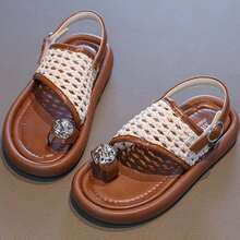 1双银色人字带女童休闲漂亮平底凉鞋，白色防滑沙滩鞋 - 米色 - 查看 4