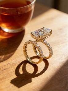 优雅奢华新娘戒指套装，公主切割立方氧化锆叠戴戒指，女士订婚及结婚戒指 - 生日、周年纪念礼物 - 适合情人节、所有季节、派对珠宝 - 金色 - 查看 2