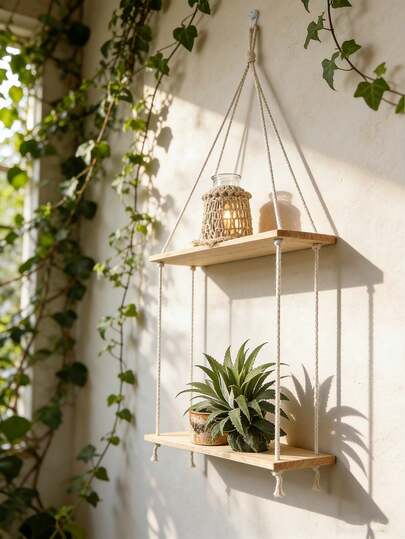 1pc Bohemian Style Rope Wall Mounted Storage Rack, Hanging Storage Shelf, Nordic Minimalist Rustic Decor Wall Shelf, Plant Display Rack, Aesthetic Home Decor, Space-Saving Wall Mounted Storage Rack, Suitable For Living Room, Bedroom, Bathroom, Kitchen, Dorm, Apartment Entrance, Balcony Wall Decor, Small Space Storage