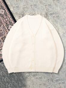 Autumn/Winter New Solid Color Slouchy Elegant V-Neck Cardigan Jacket, Minimalist Casual College Style Long Sleeve Knit Sweater Top - Apricot - View 6
