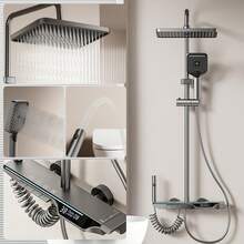 数字显示钢琴键淋浴系统，壁挂式12英寸雨淋式花洒套装，高压手持喷头，无需电源的浴室配件 - 深灰色 - 查看 11