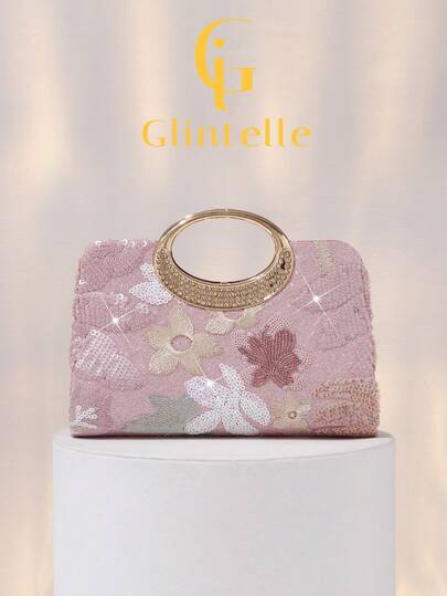 Túi xách Glintelle màu hồng đính sequin thêu hoa, túi dự tiệc thanh lịch, quai xách đính đá hình vòng, họa tiết cắt ngẫu nhiên, phù hợp cho phụ nữ, dự tiệc, đám cưới, tiệc chiêu đãi, kỳ nghỉ. Ví cầm tay dự tiệc hoàn hảo.