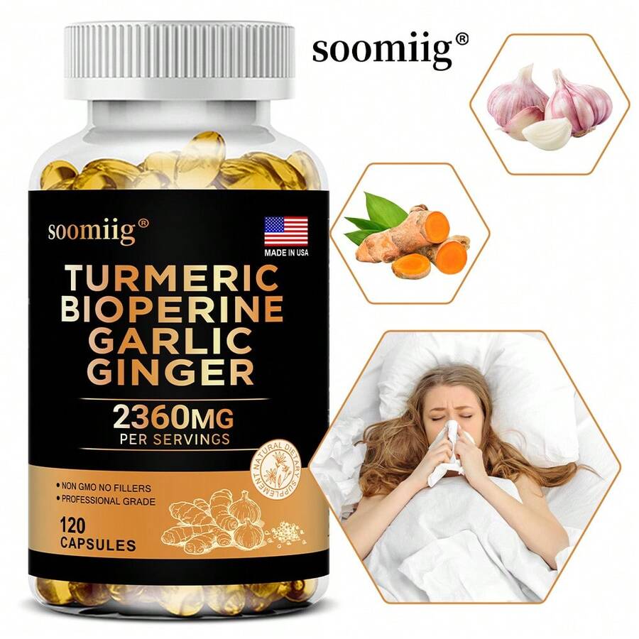 Turmeric Alkaloid Capsules, Suitable For Both Men And Women, Support Joint And Digestive Health. Each Serving Contains 2360 Mg Of Curcumin And Is Fortified With Black Pepper, Garlic, And Ginger - 120 Capsules Per Serving. - 1瓶 - 查看 1