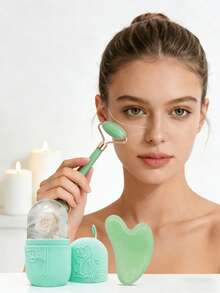 1/2/3pcs Set Ice Face Roller + Stainless Steel Gua Sha Board + Cloth Flannel Bag - Facial Skin Care Ice Roller Set, Facial Massage Tools, Silicone Ice Face Roller, Ice Roller, Stainless Steel Gua Sha Board, For Relieving Face And Eye Puffiness - Green - View 7
