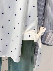 女士七分袖波点衬衫，翻领设计，袖口系带，百搭休闲商务风，适合办公室、通勤、居家及日常穿着，春夏秋季皆宜。 - 白色 - 查看 10