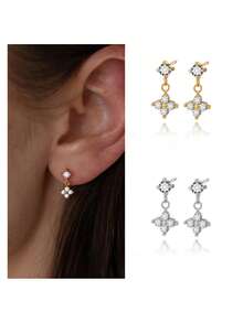 一对四叶草花朵耳钉，时尚奢华优雅风格，精致耳环，适合日常佩戴 - 彩色 - 查看 4