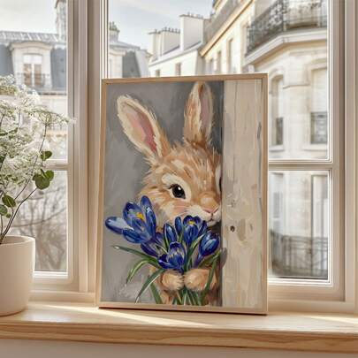 1pc Cute Bunny Rabbit Wall Art Picture Easter Bunny With Blue Flowers Canvas Print Paintings|Whimsical Animal Decor For Bedroom,Nursery Kids Room,Living Room Or Office Home Decor,Farmhouse Cottagecore Aesthetic Poster,Unique Gift For Her,Unframed,Wooden Hanger Frame Or Framed