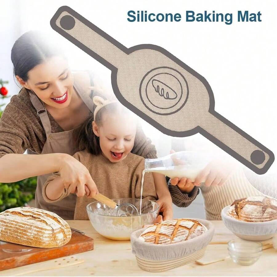 Bộ 2 tấm lót nướng bánh mì bằng silicon (hình bầu dục và hình tròn), chống dính, dễ vệ sinh, có thể tái sử dụng, có tay cầm dài để chuyển bột chua, lót khuôn nướng bánh mì. - Xem 1