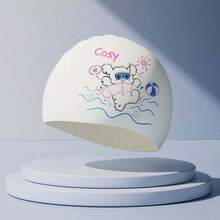 成人及儿童可爱白色小狗图案泳帽，防水护耳泳帽，男女通用 - 白色 - 查看 2