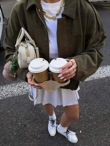 Seelio Spring/Autumn New Arrival Casual Versatile Suede-Like Green Jacket, Deer Skin Texture - Military Green F - View 4