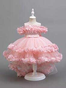 Luxury Children's Puffy Skirt, Off-Shoulder Floral Dress, Young Girl Birthday Party Trailing Dress - Pink - View 2