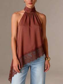Women's Sleeveless High Collar Lace Trim Asymmetric Satin Camisole Top, Elegant For Evening Party, Spring/Summer Vacation, Special Occasions - Rust Brown - View 5