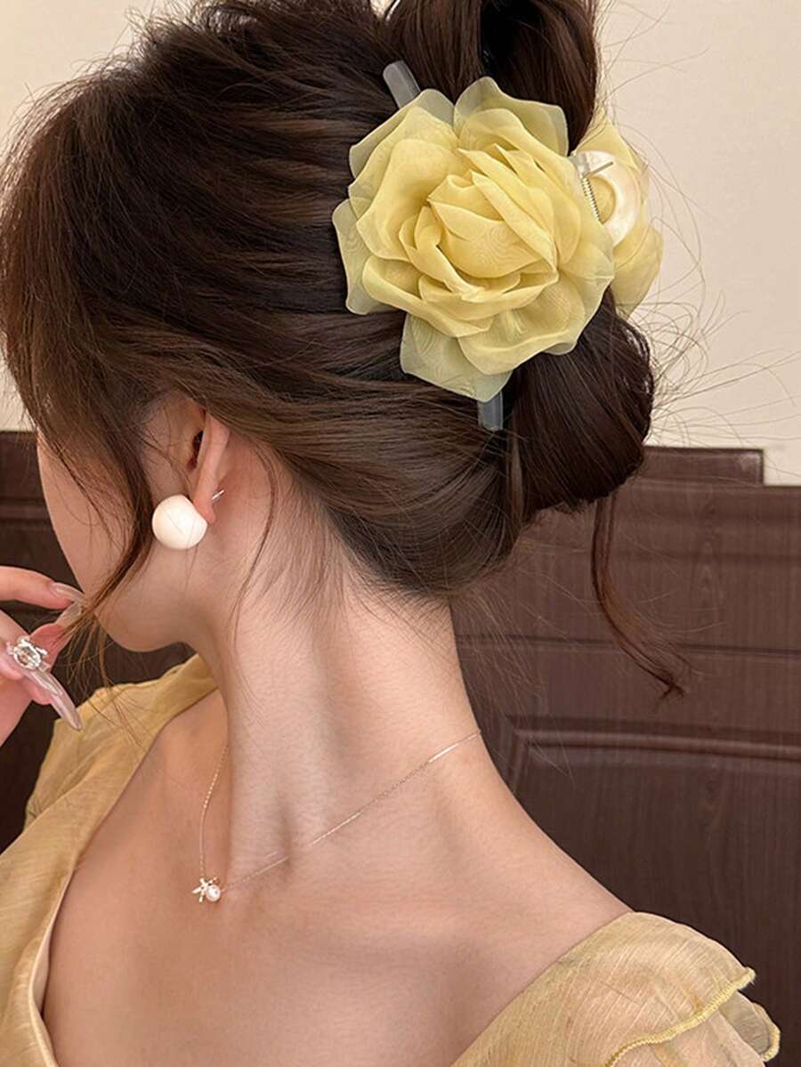 1个女士3D网状玫瑰花发夹,适合日常佩戴和派对场合,夏季发饰沙滩爪夹度假发夹,假日、旅行、节日、生日 - 黃色 - 查看 1