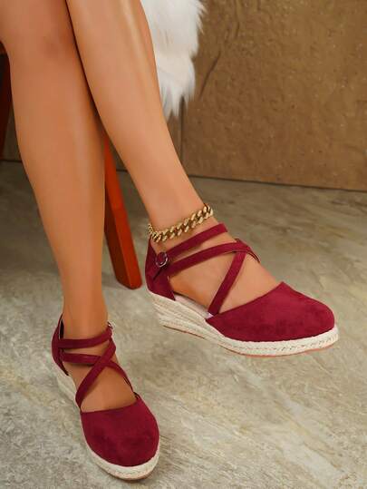 Women's Elegant One-Strap Buckle Wedge Platform Casual Shoes, Suitable For All Seasons