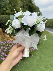 Bó hoa cưới cô dâu/phù dâu kiểu phương Tây, hoa hồng nhân tạo, bó hoa giả lá xanh, phụ kiện hoa nụ ren cho chụp ảnh cưới ngoài trời, phụ kiện ném hoa cô dâu trong tiệc cưới ngày Valentine. - Nhiều màu - Xem 10