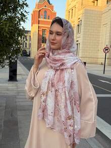 1件装女士印花金箔透气头巾，优雅女士印花编织花卉披肩，日常装饰围巾，沙滩，假日 - 粉色 - 查看 4