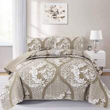 Beige Quilt Set King Size Boho Damask Tan Bedspread Coverlet Set Soft Lightweight Microfiber Luxury Bedding Set 3 Pieces for All Season 104"x90" - Beis - Ver 1