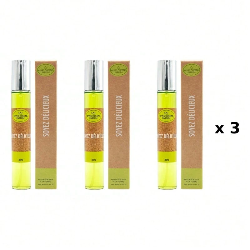 Mini perfume para mujer REYES QUEENS, Soyez Delicieux 33 ml Pack 3 Unidades Familia Olfativa: Frutal, Tamaño: 33 ml, Formato: 1 Unidad, Concentración: Agua de colonia, Género: Femenino - Afrutado y cítrico - Ver 1