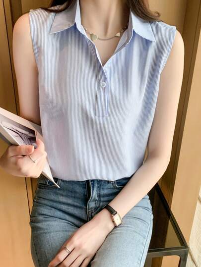 女款藍色條紋無袖 Polo 衫，休閒夏季上衣，時尚條紋外套上衣，無袖背心，標準版型，輕量無彈力聚酯纖維面料，優雅上衣