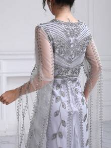 JINLICX 精致灰色串珠圆领礼服 - 灰色 - 查看 5