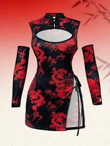 3pcs Sexy Chinese Collar Cheongsam Style Dress Set, Includes Side Slit, Hollow-Out Design, And Tie-Up Details, With Sleeve Cuffs And Seductive G-String, Suitable For Alluring Looks At Home Or Outings - Black - View 6