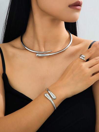 1pc Women's Jewelry Set: 1pc Alloy Choker, 1pc Water Drop Coil Bracelet, 1pc Party Open Ring