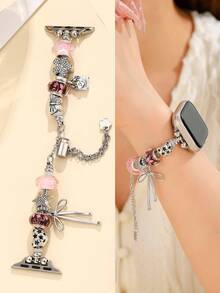 女士经典魅力腕表手链，配有串珠吊坠，蝴蝶结、爱心、樱花和海星造型，适用于 38/40/41/42/44/45/46/49mm，Ultra/SE/Series 11/10/9/8/7/6/5/4/3/2/1，夏季海滩饰品配饰，表带 - 粉色 - 查看 8