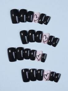 24pcs Black Square & Heart Shaped Rhinestone Nail Stickers, Made Of Acrylic Material For Perfect Fit, Includes 1 Bottle Of Glue And 1 Nail File, Suitable For Valentine's Day Wear, Daily Wear For Women And Girls, Also Suitable For Valentine's Day Party - Black - View 2