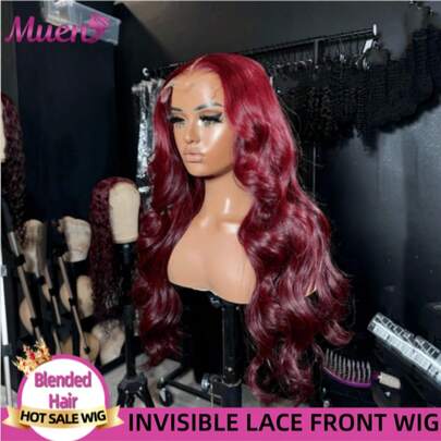 200% 密度 34 英寸 13x4 99j 酒红色蕾丝前假发，混合真人发，自然波浪卷，女士混纺假发，13x4 高清透明蕾丝前假发，混合真人发，染成红色，预先拔毛，带婴儿发