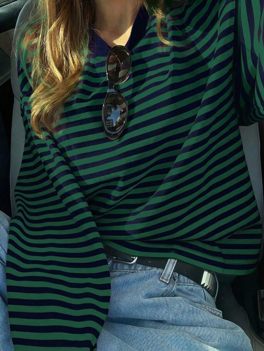 SDNGED 女士休闲上衣，条纹撞色罗纹面料，适合春秋季日常穿着