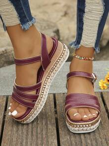 1 Pair Plus Size Women's Platform Sandals With Rivet Decor, Round Toe Thick Sole, Fashion Summer Daily Wear Vacation Style, Random Pattern, Wine Red - Burgundy - View 5